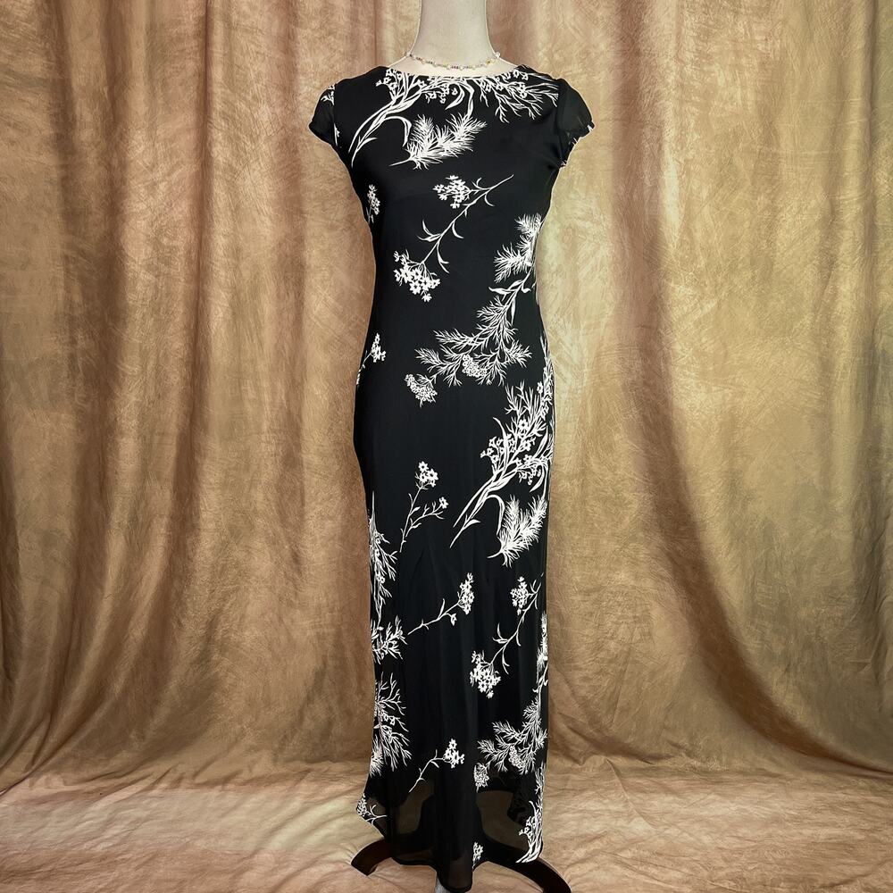 Vintage Lace Up Dress Floral Short Sleeve Black Chiffon Mesh Whimsigoth Goth Y2K
